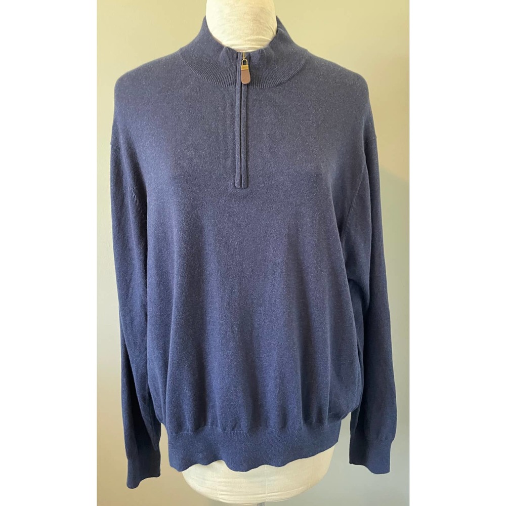 Orvis Mens Sweater XL Navy Blue Quarter Zip Cashmere Silk Cotton Blend Sweater